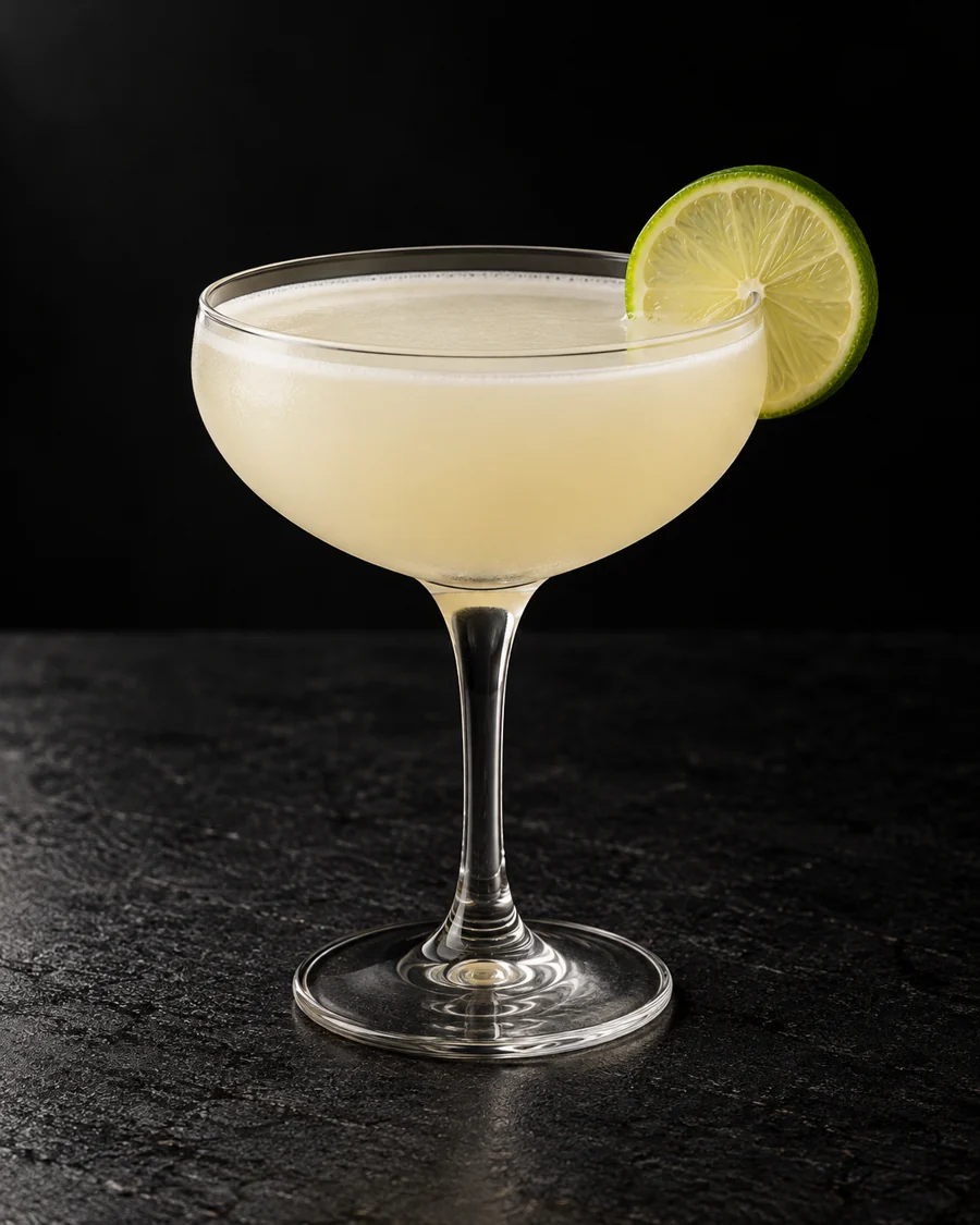 cloudy pale ivory Non-Alc The Fitz in a coupe without ice, with a small lime wheel.