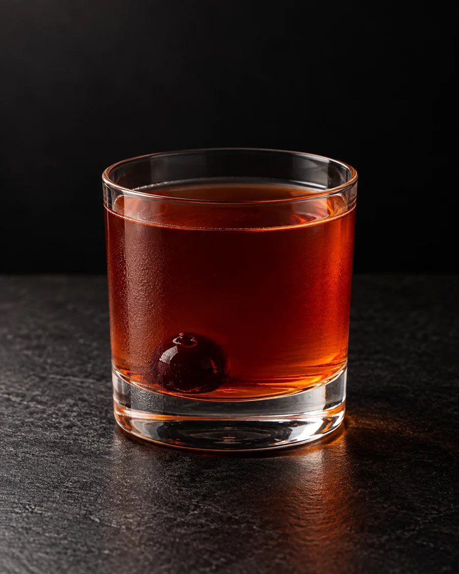 translucent dark ruby-amber Non-Alc The Mystic in a rocks glass without ice, with one dark cocktail cherry.