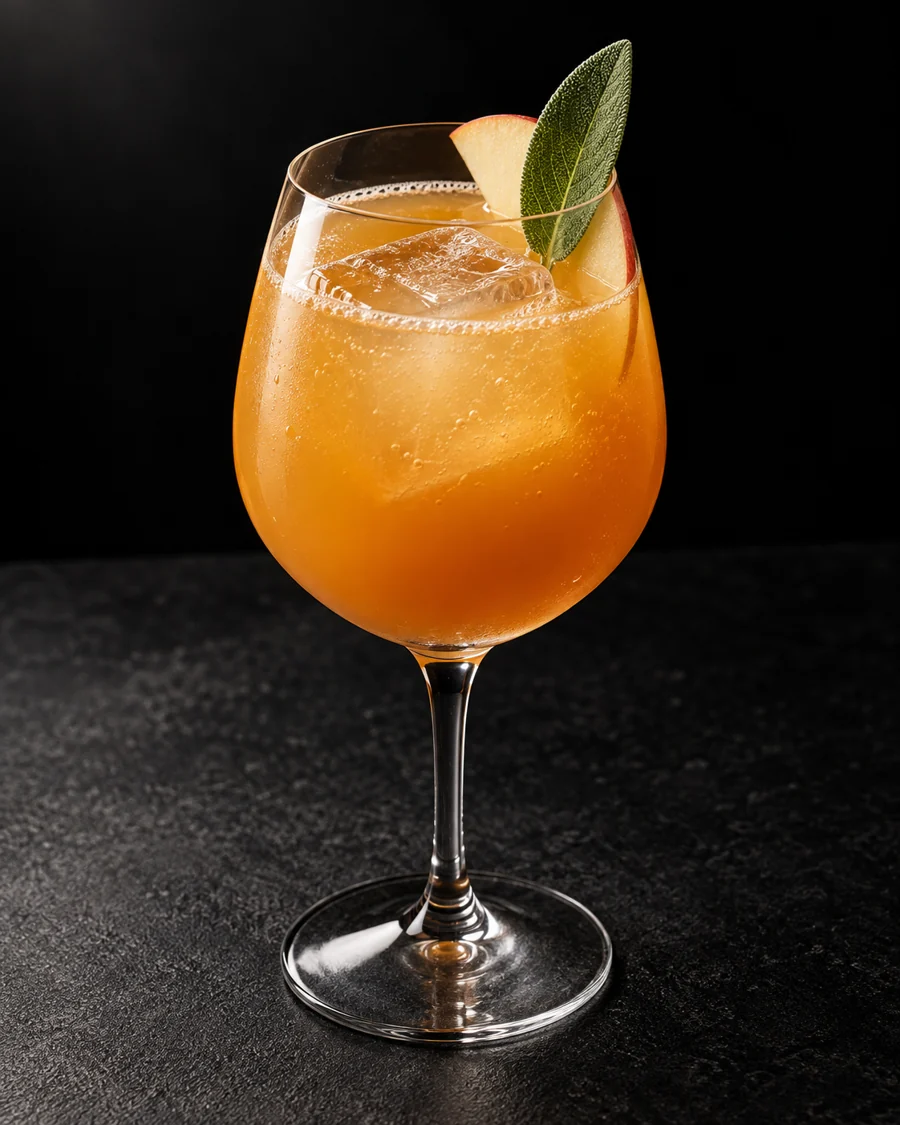 cloudy golden-orange Non-Alc The Rise of Mithridates in a sturdy wine goblet over one large ice cube, with an apple slice and sage leaf.