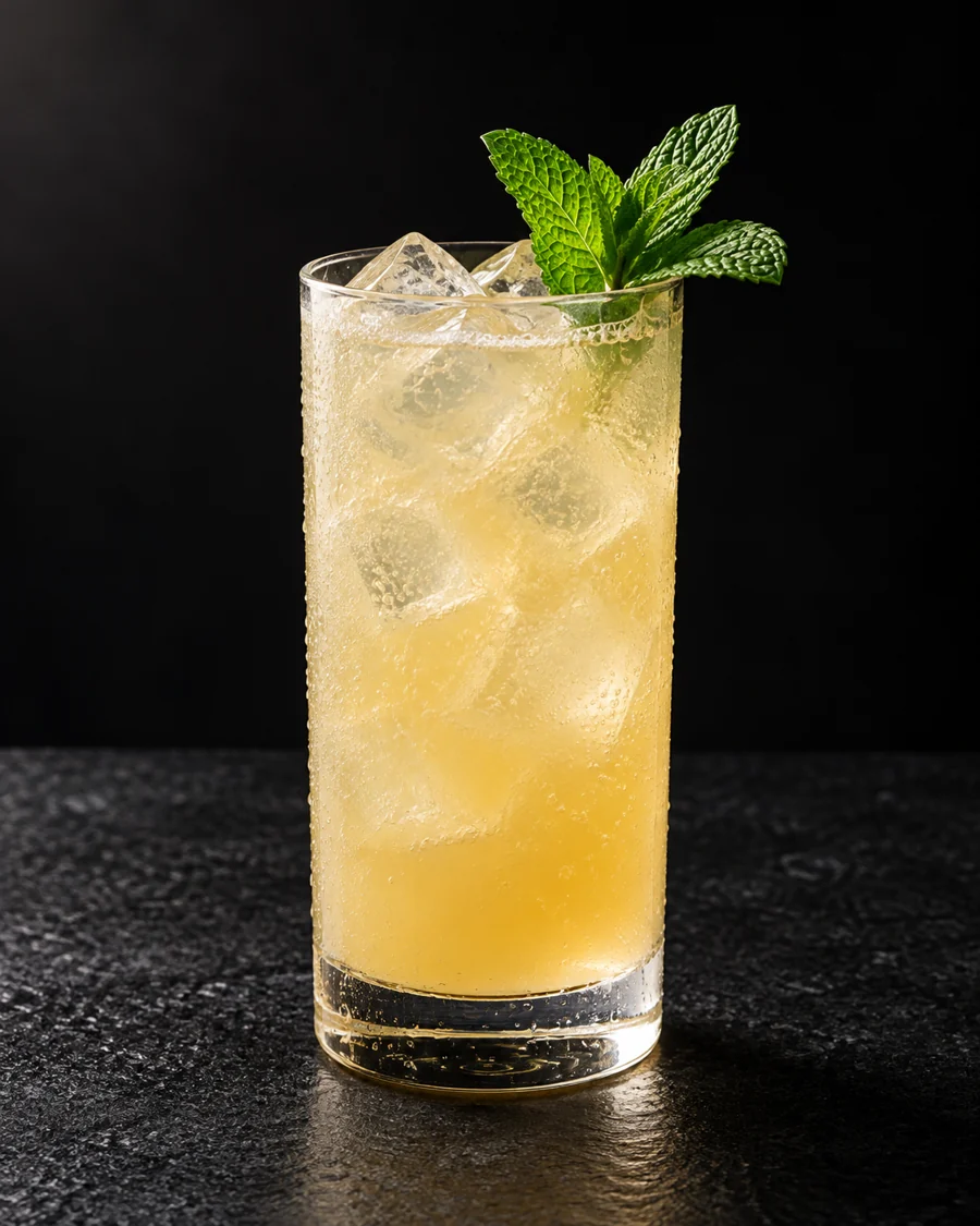 lightly cloudy pale golden Non-Alc Toasted Colada Highball in a highball over ice cubes with a mint sprig.