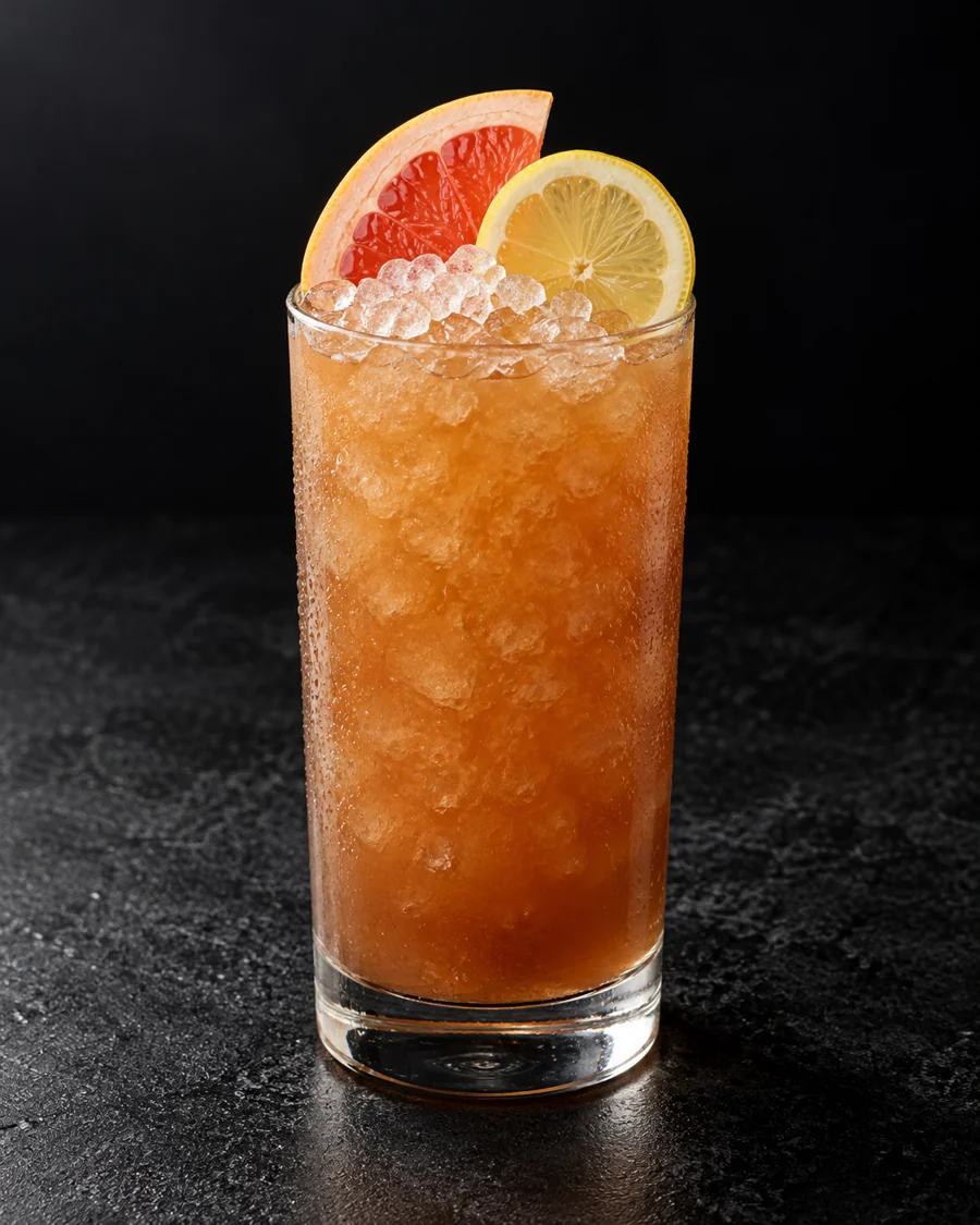 cloudy caramel-brown Non-Alc Tugboat Kola Grog in a highball over pebble ice, with grapefruit slice and lemon wheel.