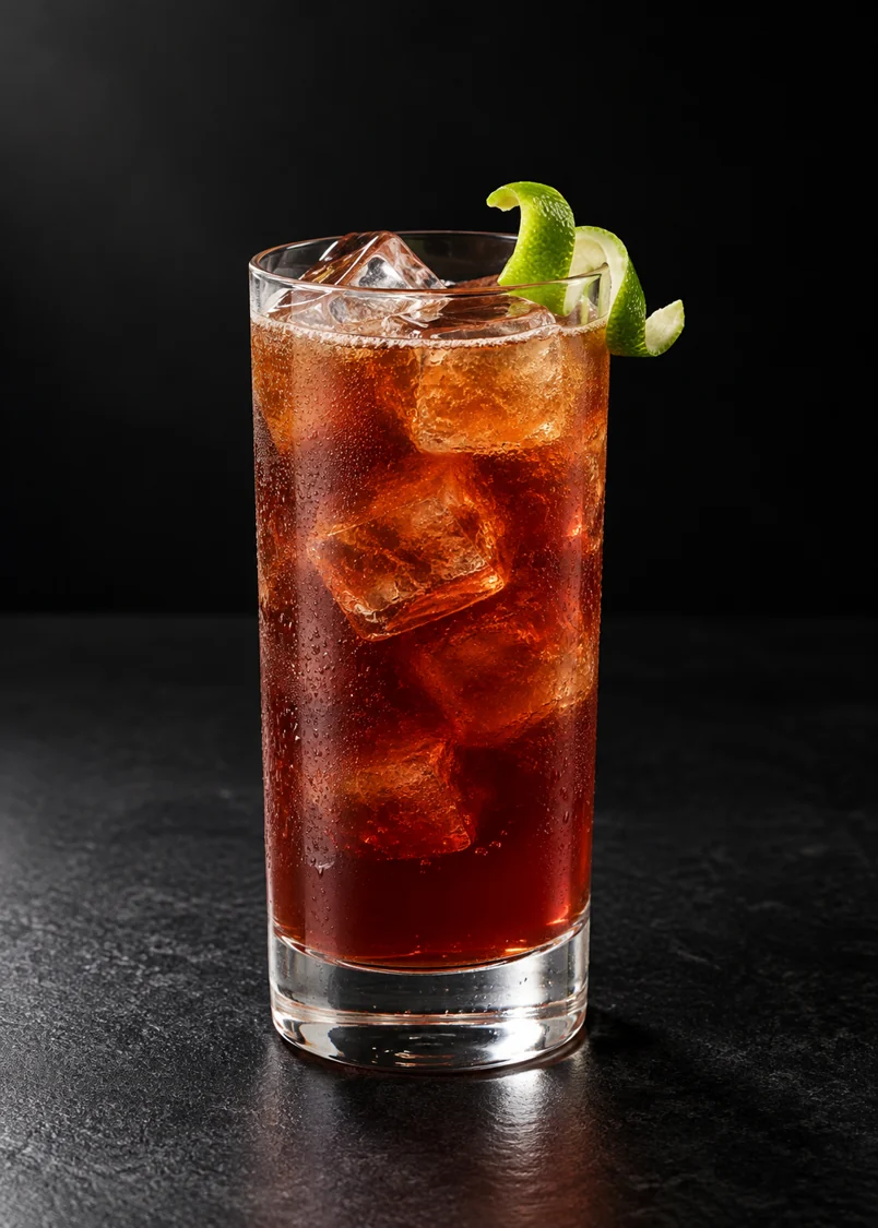reddish coffee-brown Non-Alc Wake Up, Barry in a highball over ice cubes with a green lime twist.