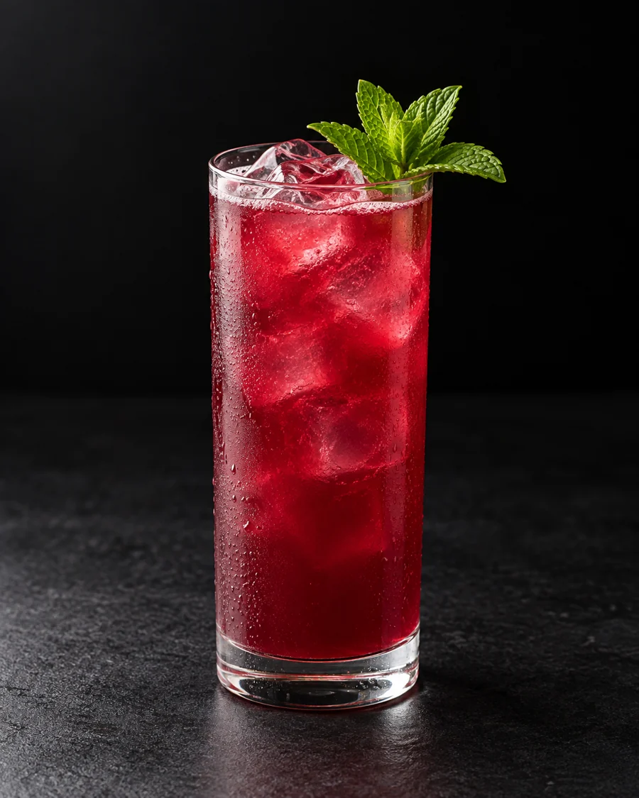 deep beet-magenta Non-Alc We Got The Beet in a Collins glass over ice cubes with a mint sprig.