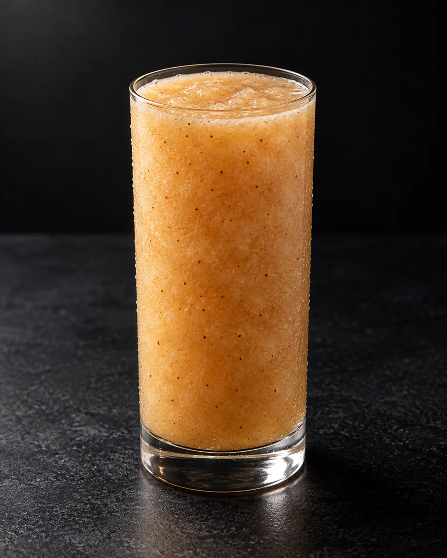 frosty light tan-orange Non-Alc We Won’t Go Until We Get Some in a large highball with finely blended ice and subtle spice flecks, no garnish.