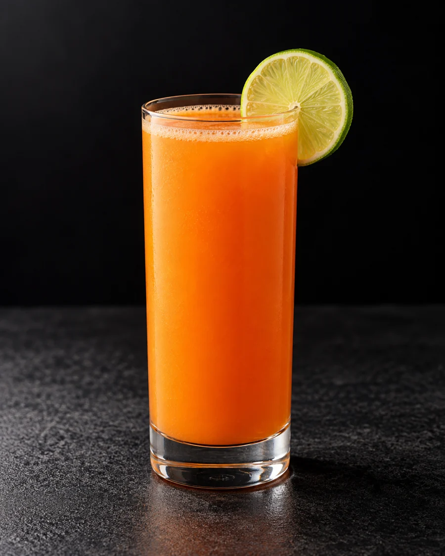 opaque carrot-orange Non-Alc What's Up, Doc? in a highball without ice, with a lime wheel.