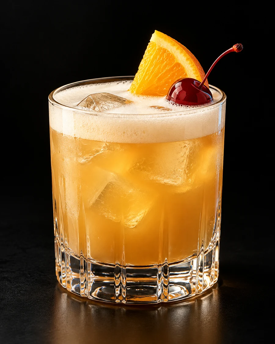 Non-Alc Whiskey Sour in a rocks, fresh cubed ice for service, with Orange wedge and cocktail cherry, against a black background.
