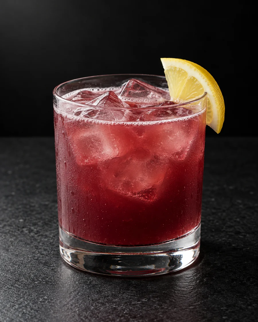 cloudy reddish-purple Non-Alc Winterlude in a large rocks glass over ice cubes, with a lemon wedge.