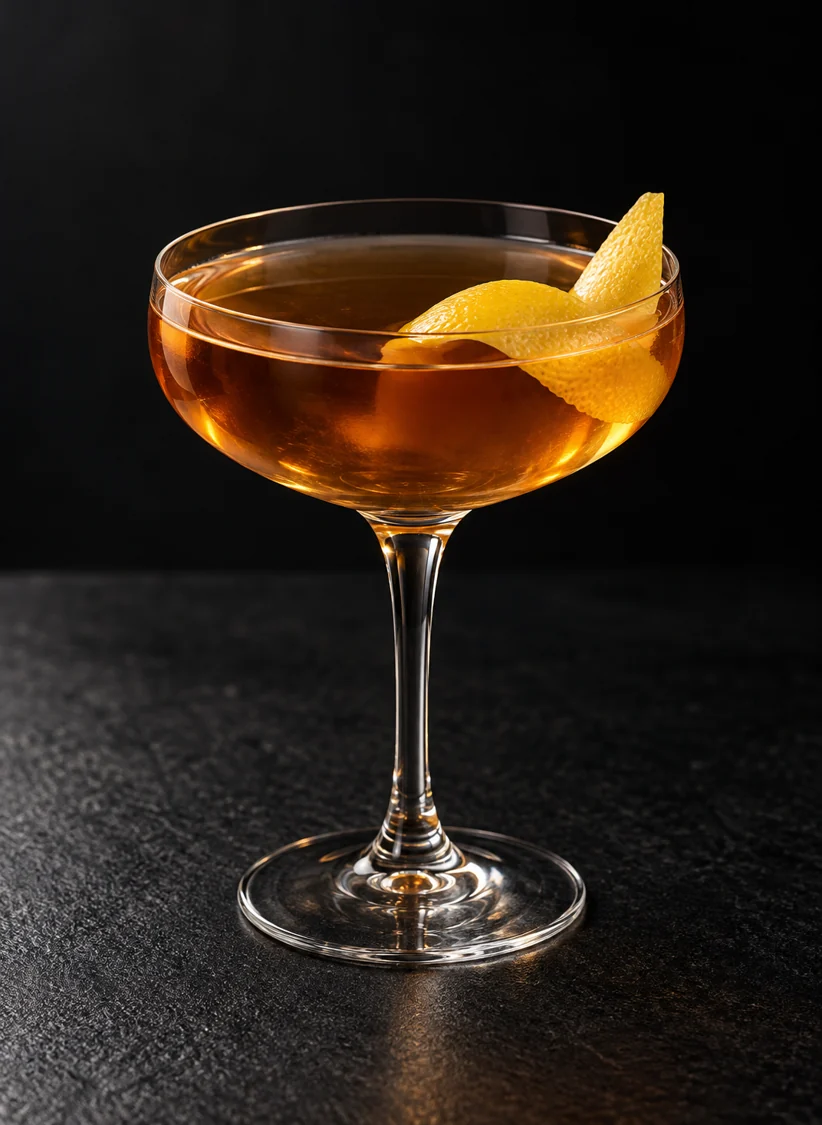 clear golden-amber Norwegian Wood in a coupe with broad lemon twist, no ice.