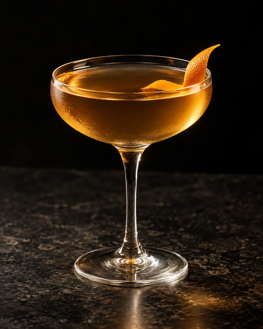 Not Even The Rain: Golden amber drink in a coupe, orange twist and no serving ice.