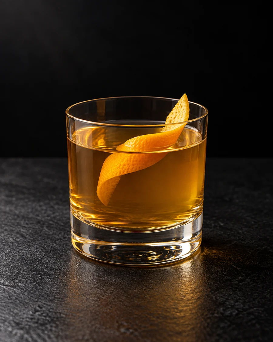 clear golden-amber Nova Scotia in a small rocks glass with orange twist, no serving ice.