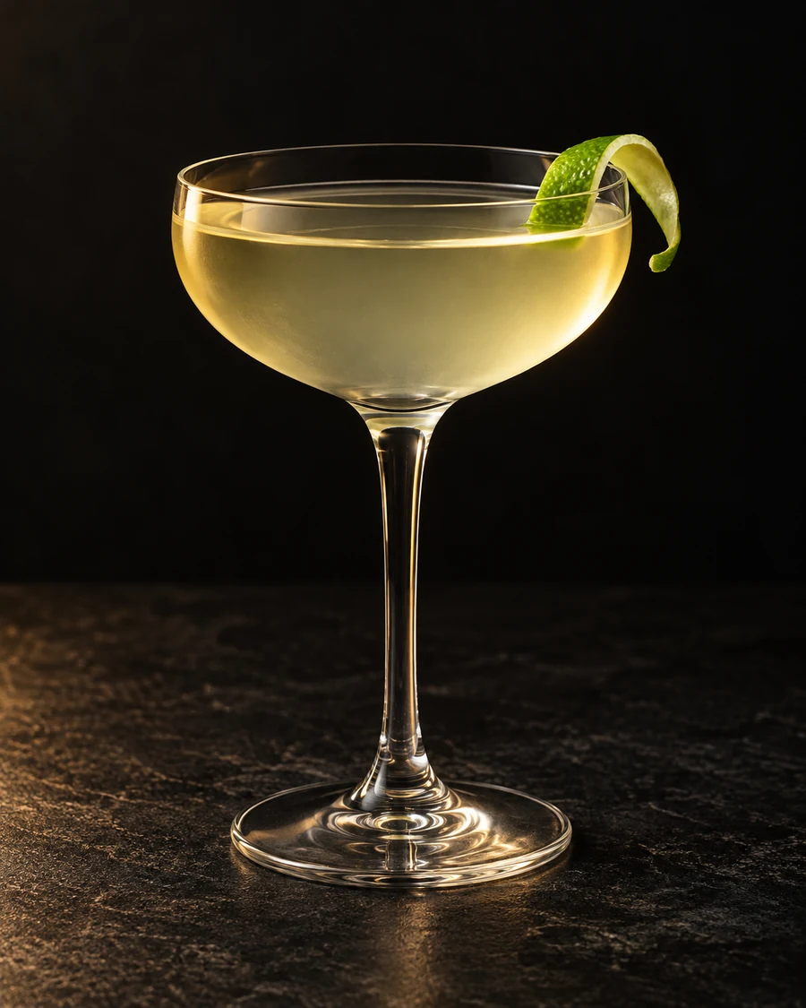 Nuclear Club Cocktail in a chilled coupe, served without ice, with lime twist, against a black background.