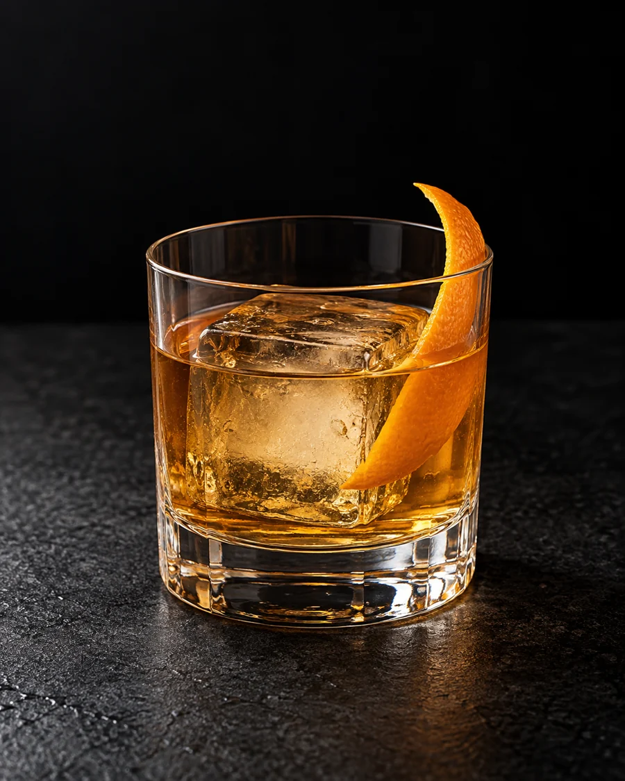 Clear pale amber Oaxaca Old Fashioned over one large cube in a rocks glass with an orange twist.