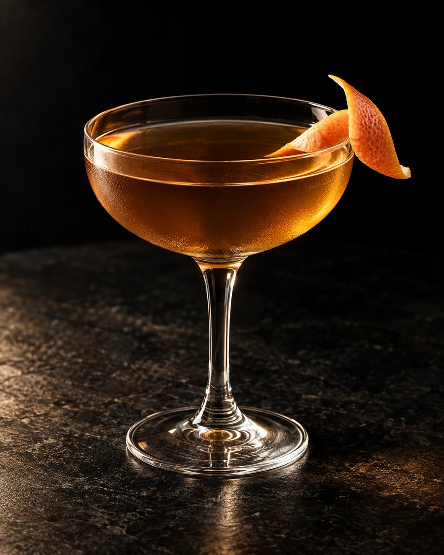 Oaxacan Dream: Golden amber drink in a coupe, grapefruit twist and no serving ice.