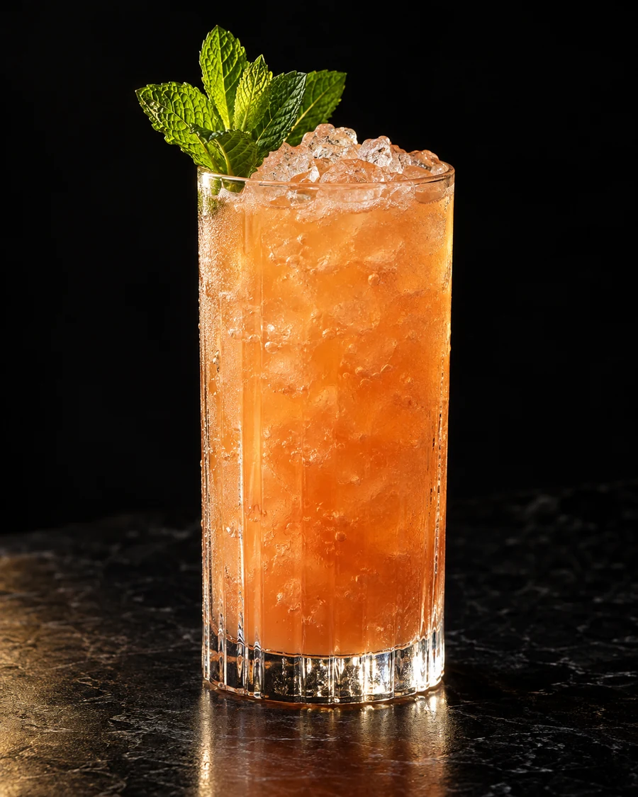 Oaxacan Haze. Highball, crushed ice, uniform pink-orange Campari/mango body and mint sprig.