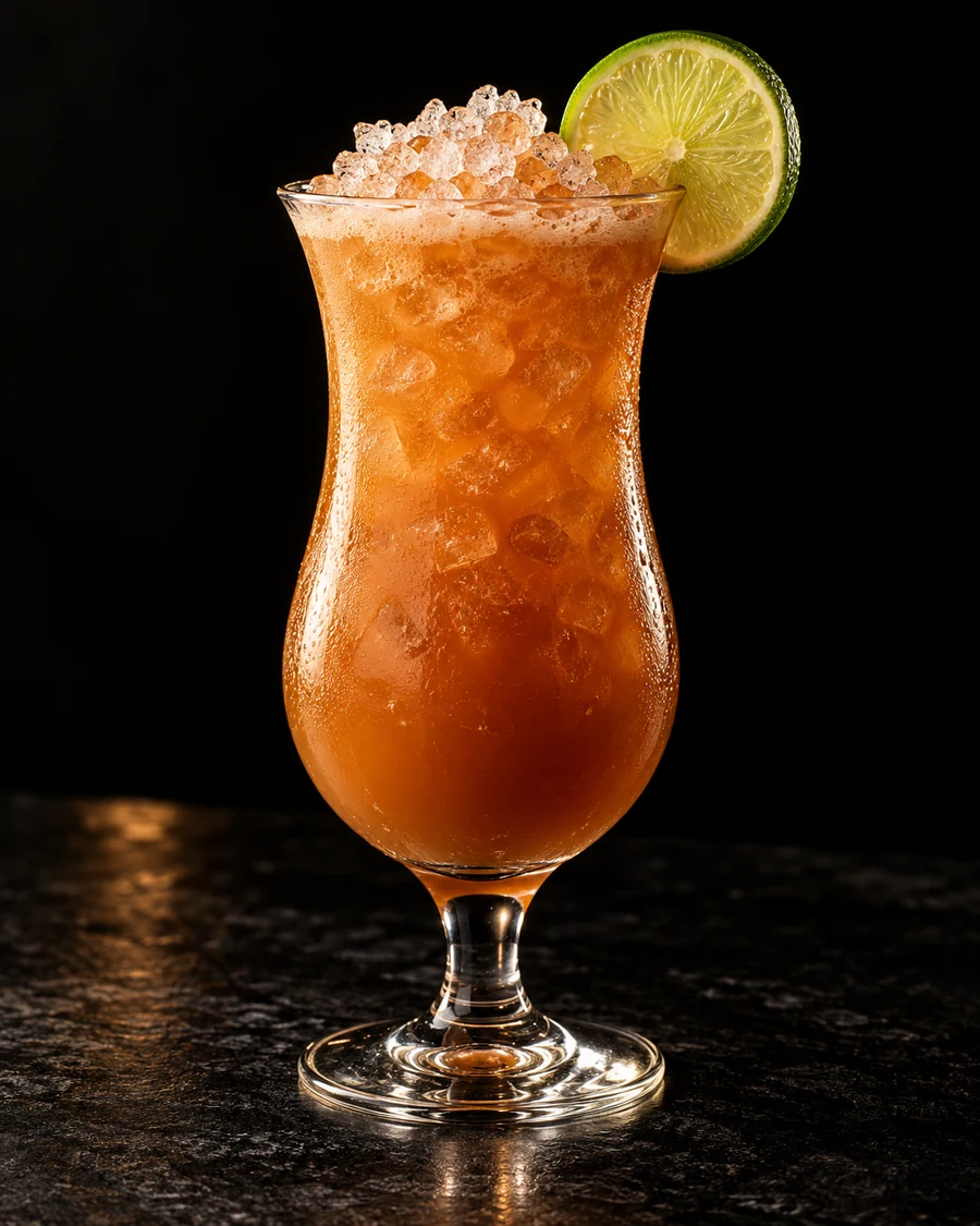Oaxacan Swizzle. Hurricane glass with an amber coffee-rum drink, crushed ice and a lime wheel.