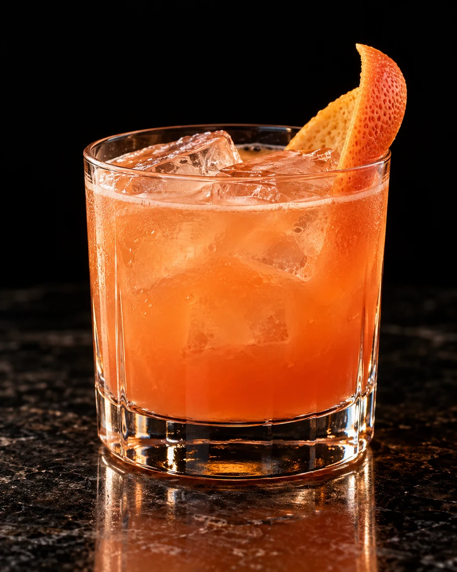 Oaxacan This Way. Rocks glass with fresh cubed ice, pink-orange grapefruit/Aperol body and grapefruit peel.
