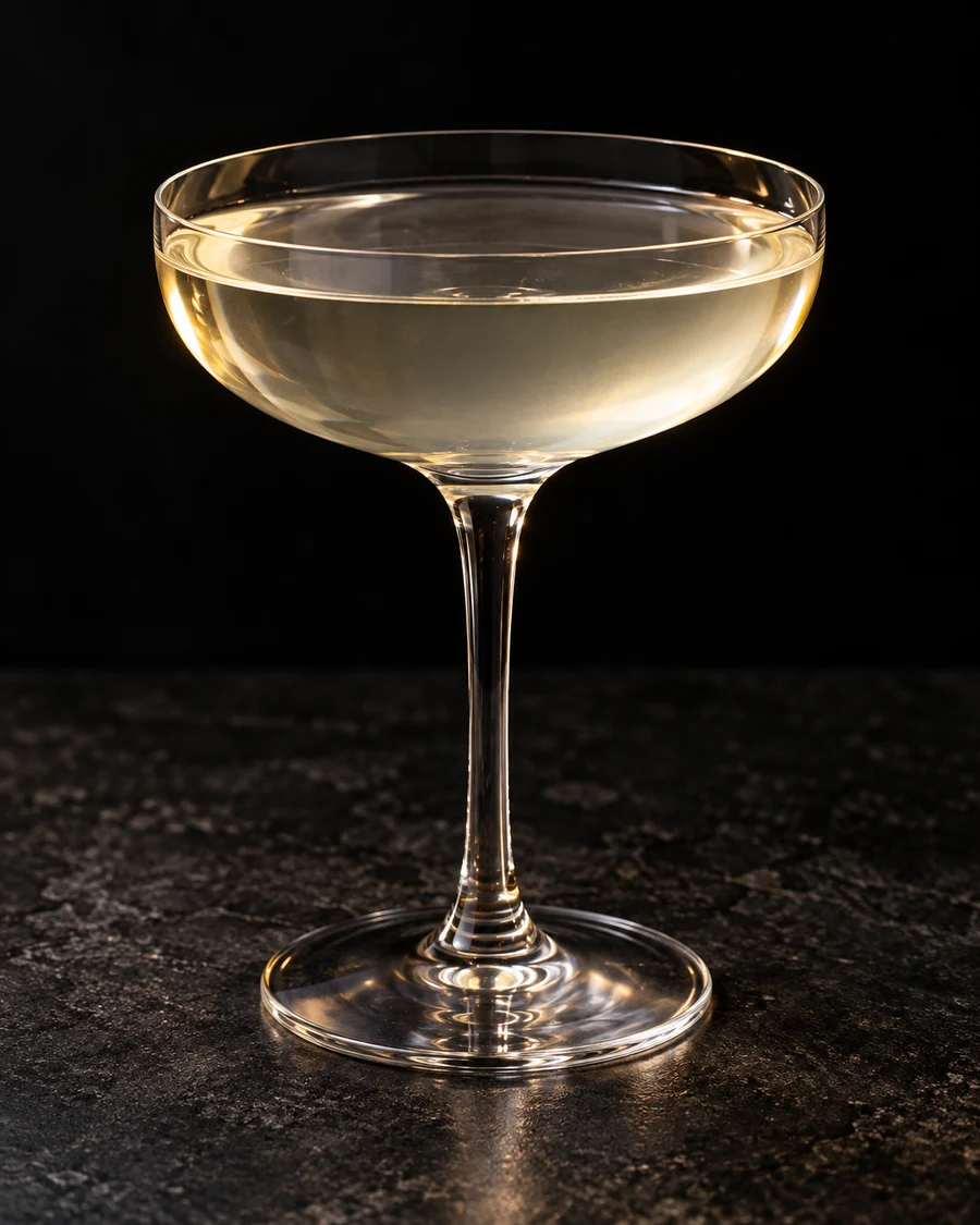 Obituary Cocktail in a coupe glass, without ice, ungarnished, against a black background.