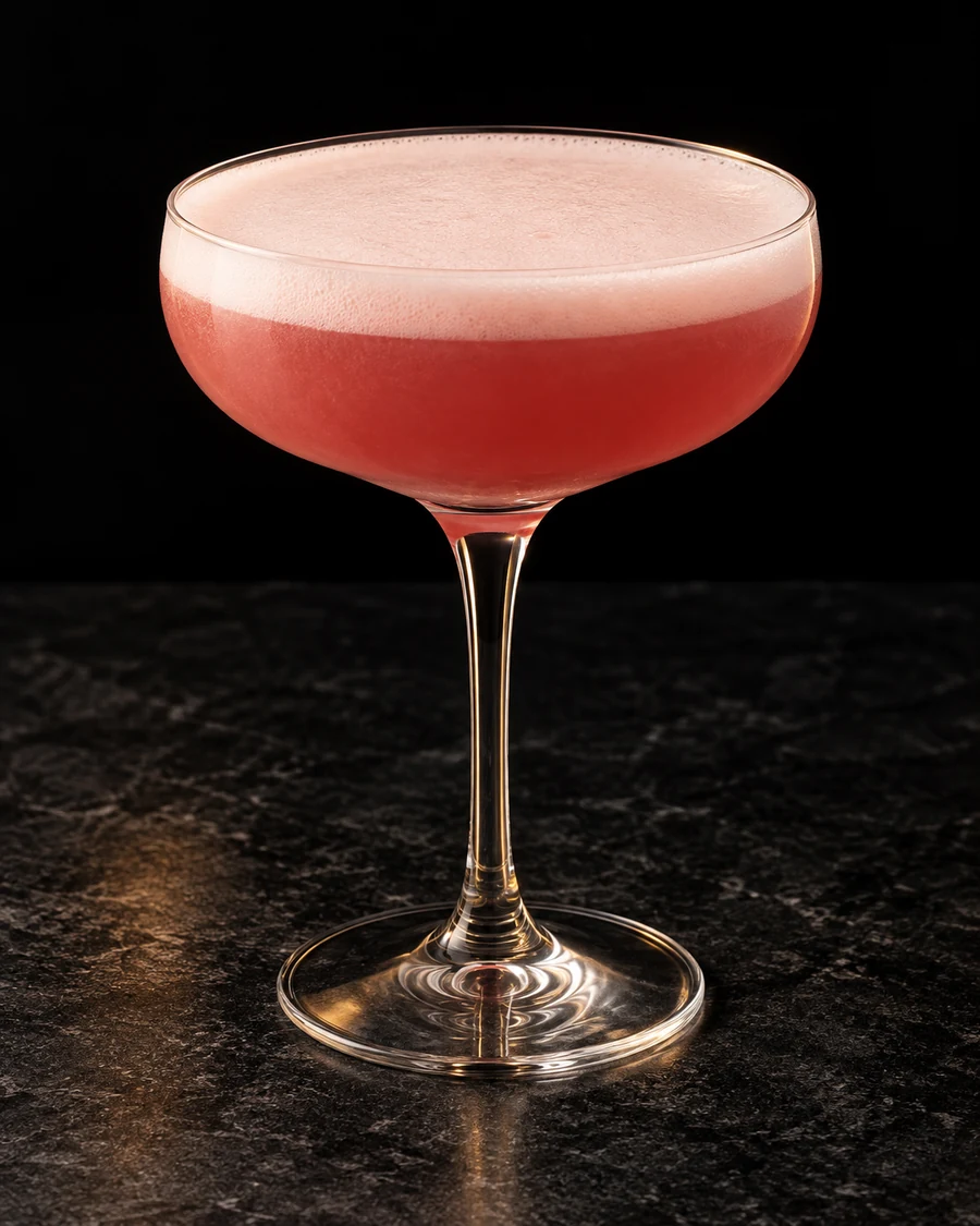 Ocean Shore in a coupe glass, without ice, ungarnished, against a black background.