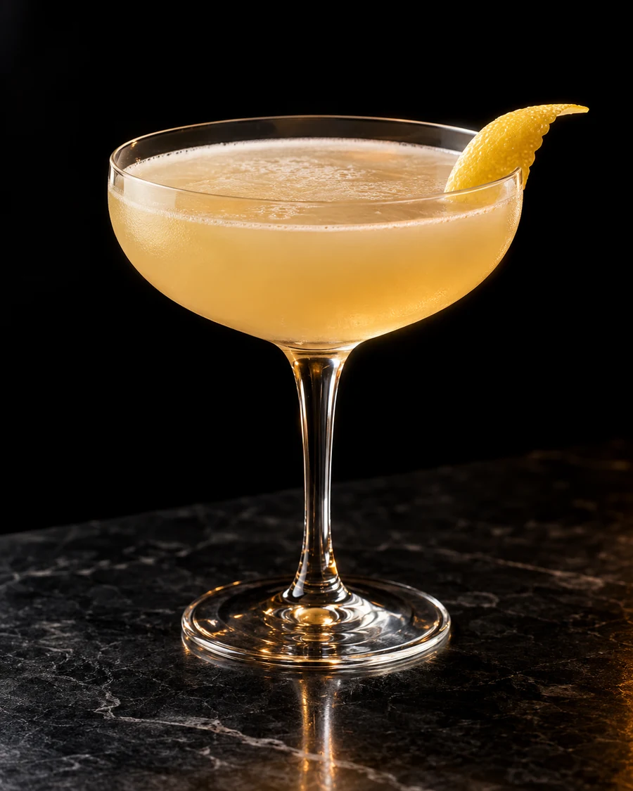 Offering No. 26. Coupe glass with a pale golden ginger-honey drink, thin natural froth, no ice and lemon peel.