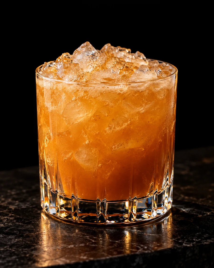 Oh My Gourd. Rocks glass with an orange pumpkin-spice drink, fresh crushed ice and no garnish.