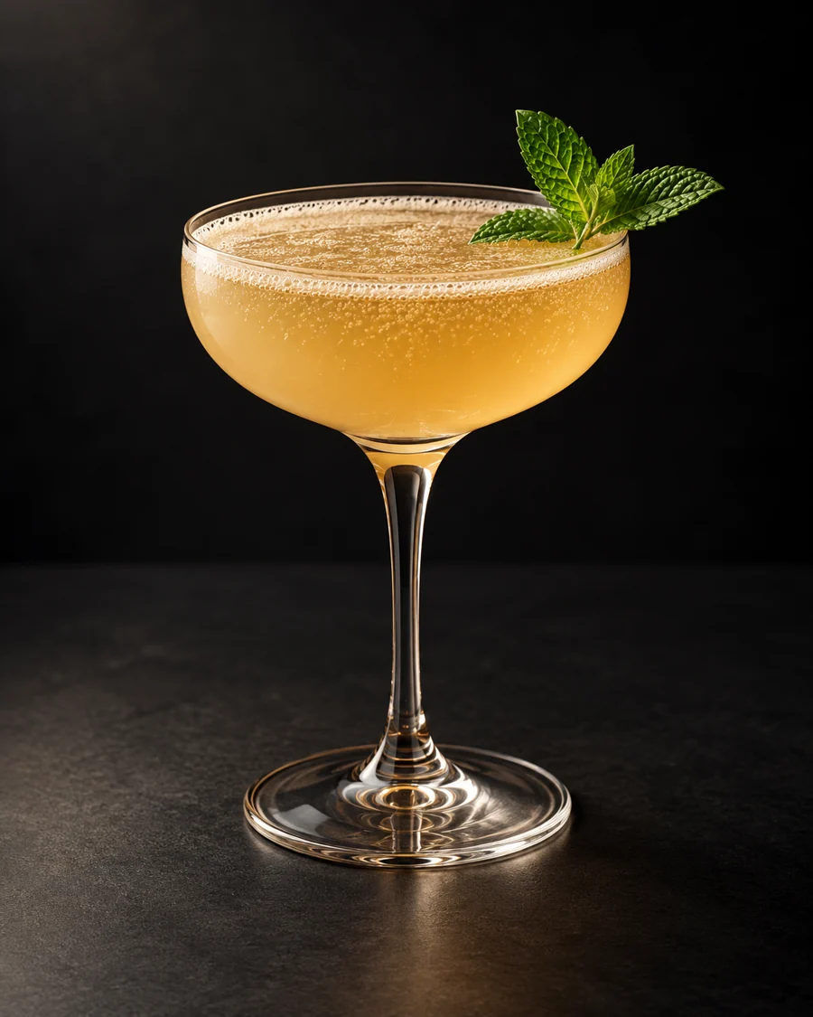 Old Cuban served in a coupe glass with a mint sprig against a black background.