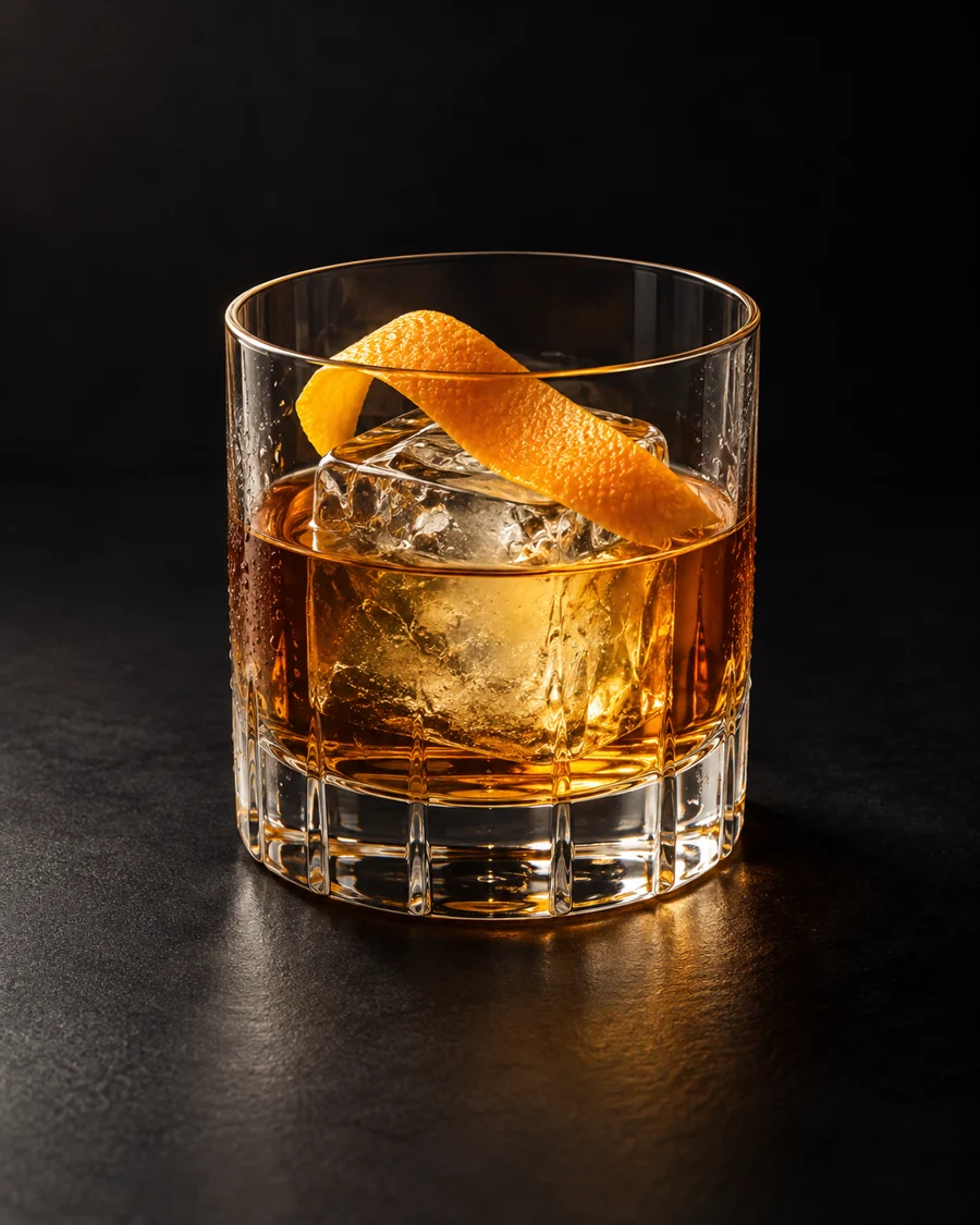 a golden-amber Old Fashioned in a rocks glass with a large ice cube and orange peel against a black background.