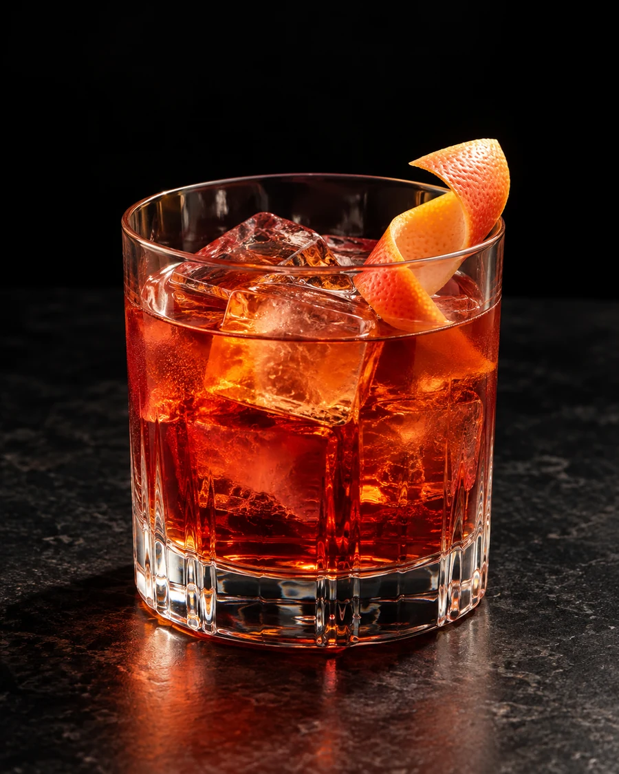 Old Man's Beard: Ruby-red drink in a rocks glass with several ice cubes and a grapefruit twist.
