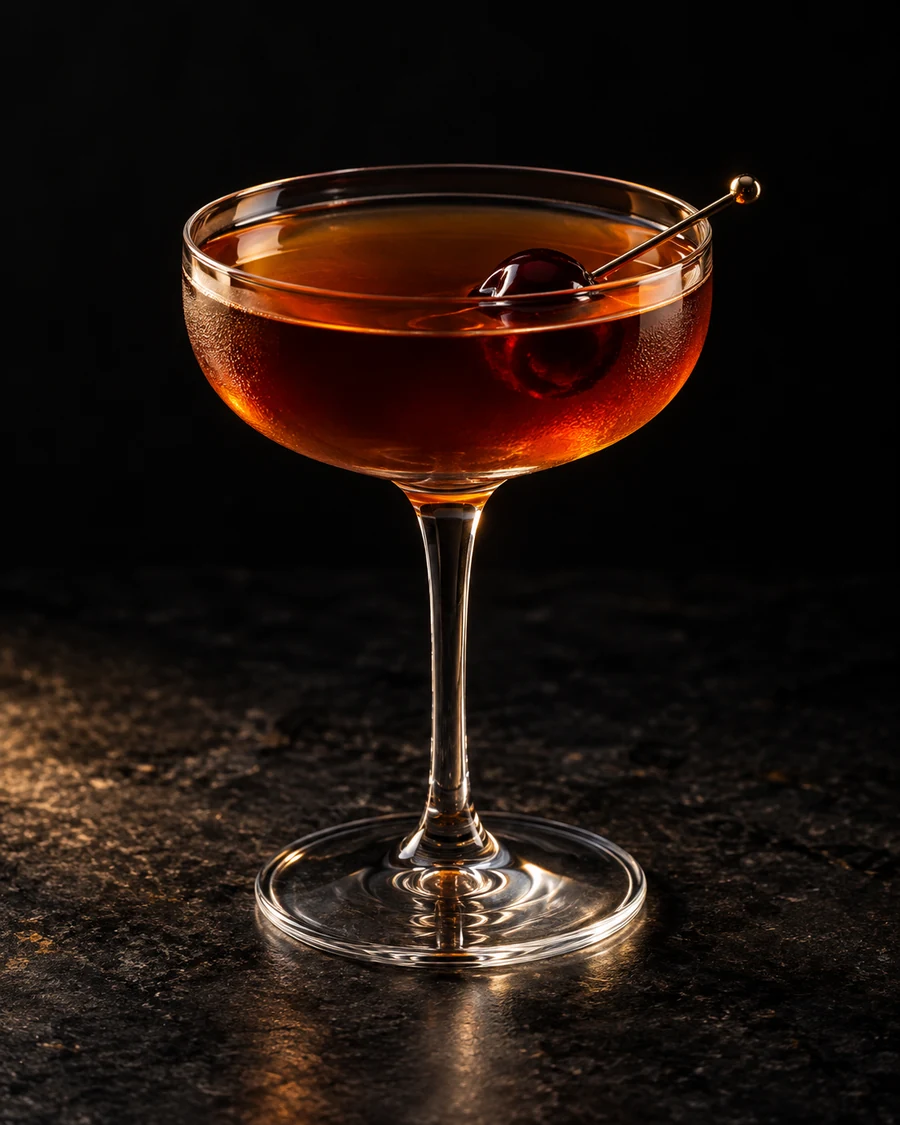 Old Number One: Brown drink in coupe, cherry garnish and no ice.
