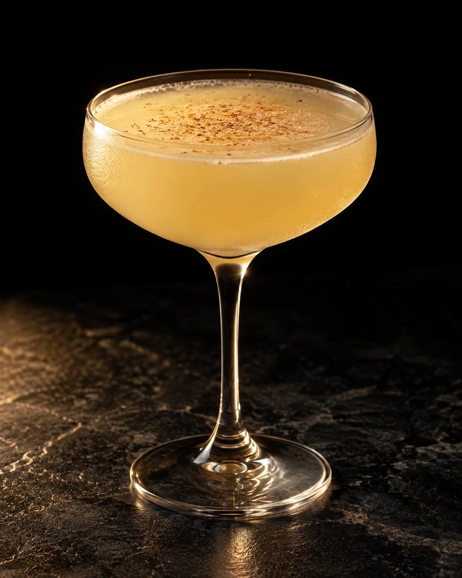Old Painless Is Waiting: Cloudy pale yellow cocktail in a chilled coupe without ice, dusted with grated nutmeg.