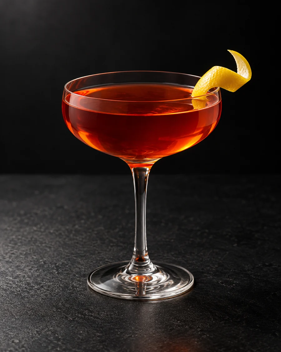 Clear red-orange cocktail in a coupe, no serving ice, lemon peel garnish.