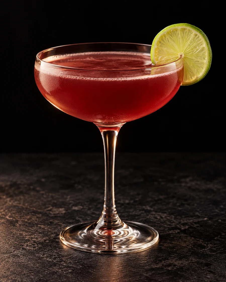 Olympia Cocktail in a coupe glass, without ice, garnished with lime wheel, against a black background.