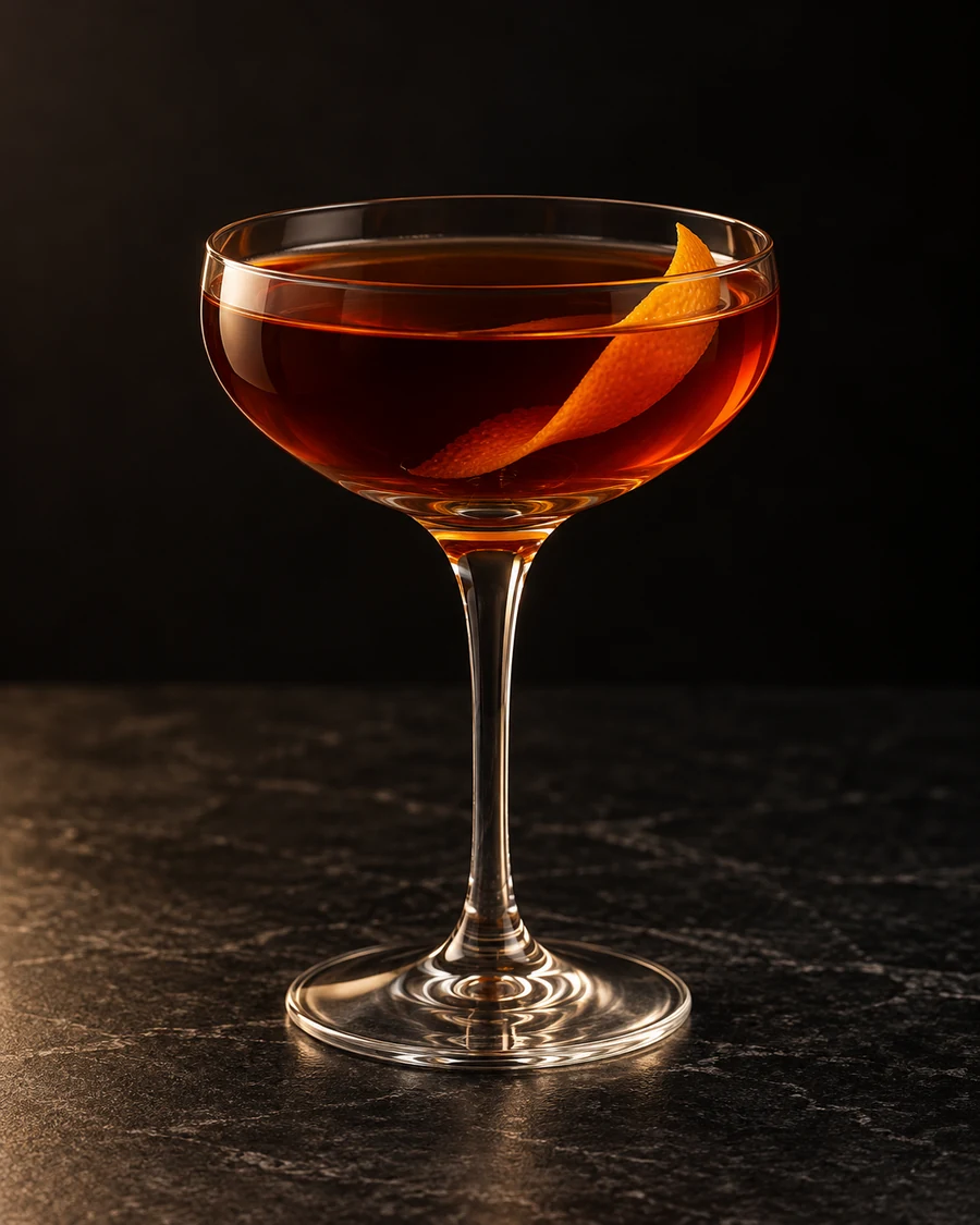 Opera Comique in a chilled coupe, served without ice, with orange twist, against a black background.