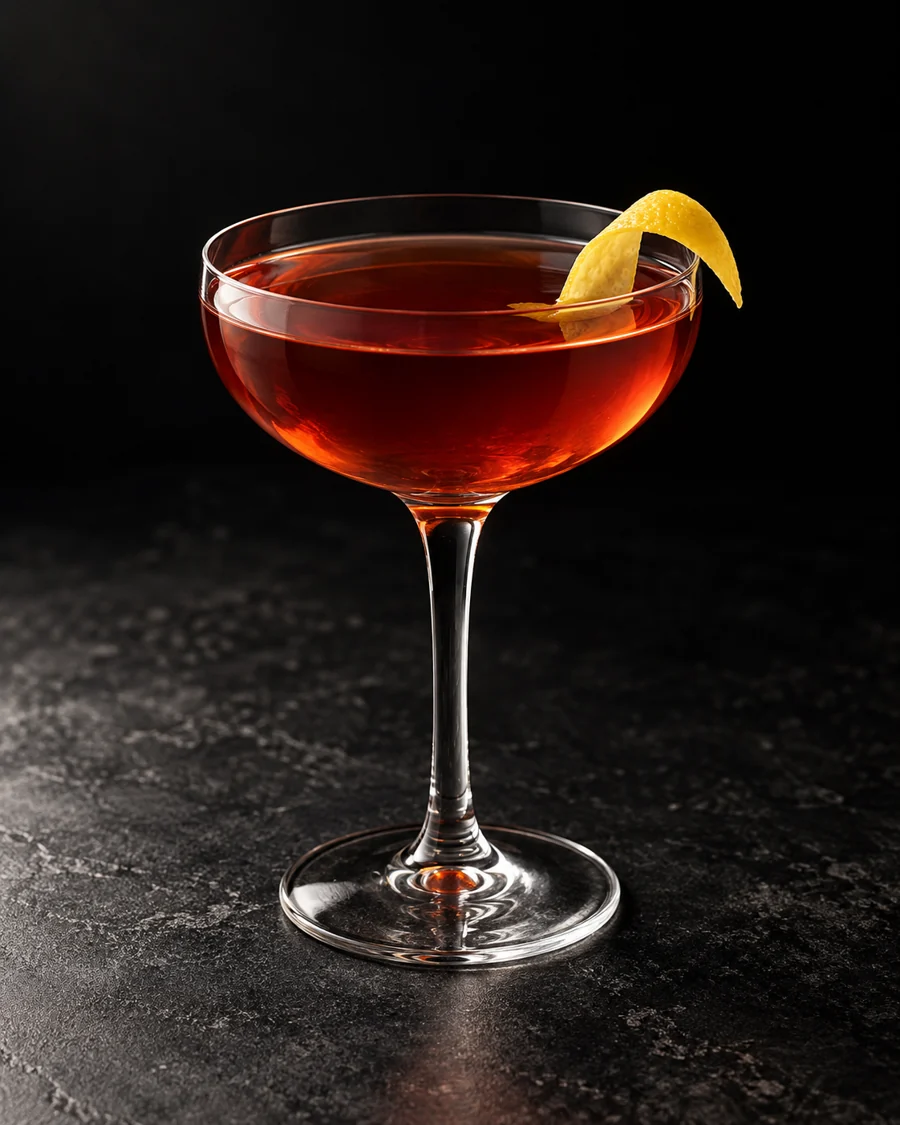 clear amber-red Opera in a coupe with lemon twist, no ice.