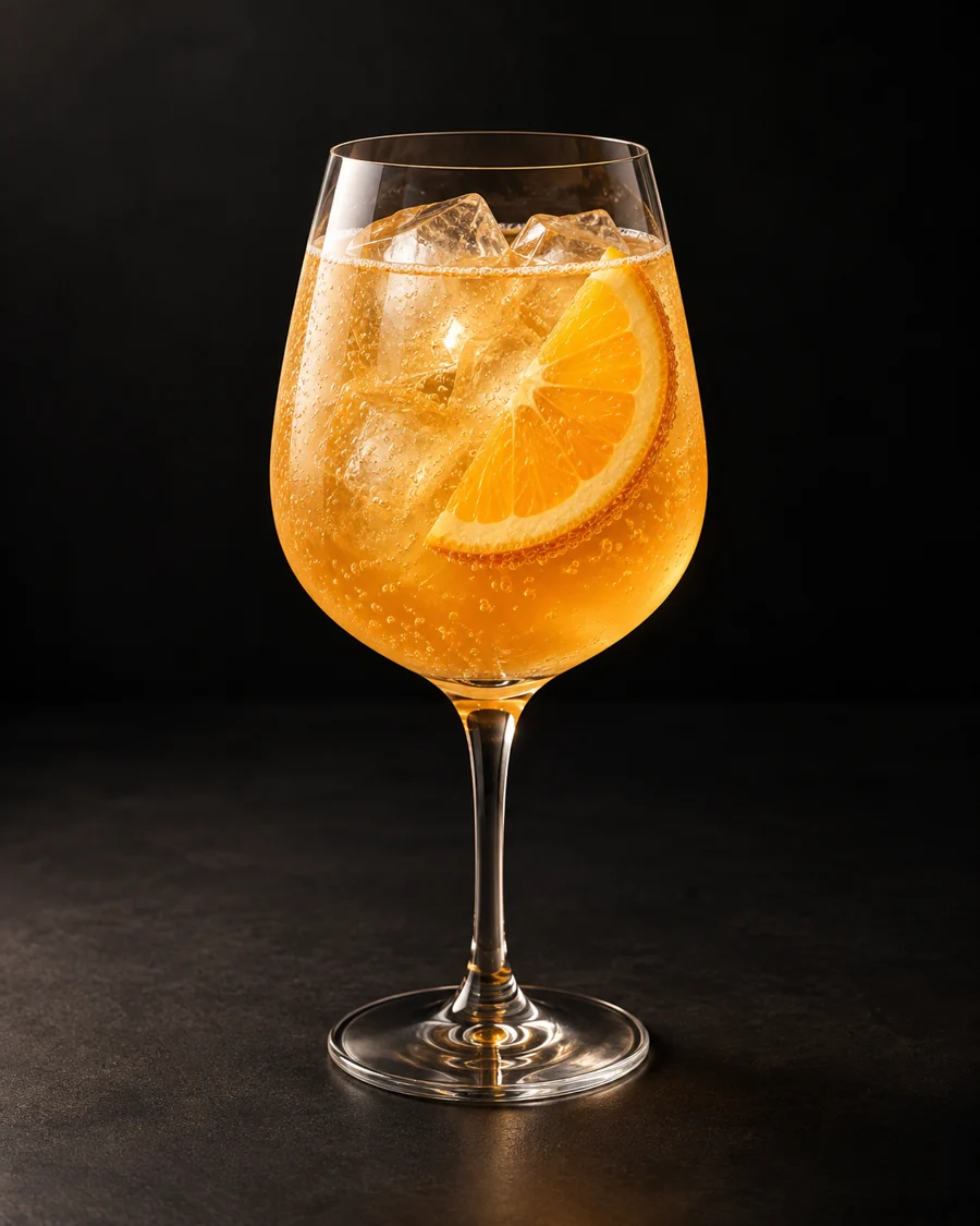 Orange Cardamom Spritz served in a wine glass with an orange slice against a black background.