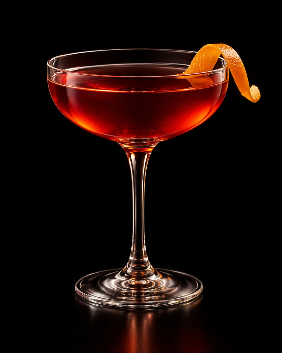 Orange & Essex: Clear red-amber cocktail in a coupe with an orange twist, served without ice against a black background.