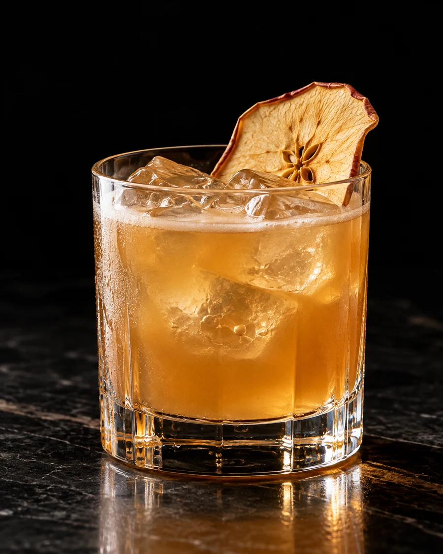 Orchard Sour. Rocks glass, golden cloudy apple-bourbon drink, fresh cubed ice, thin natural froth and dehydrated apple garnish.