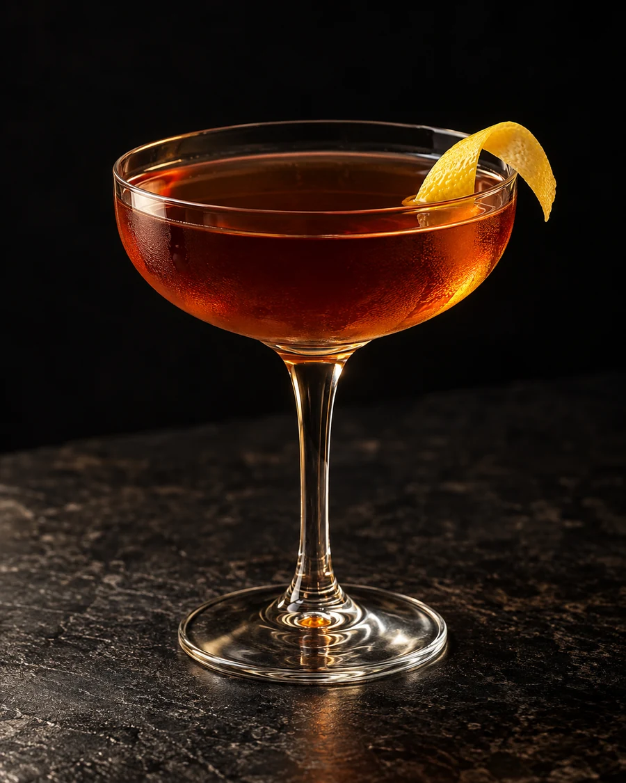 Orchard Street: Deep amber-brown drink in a coupe, lemon twist and no serving ice.