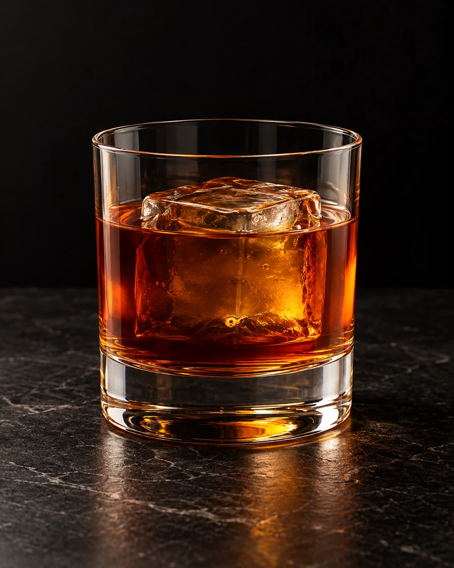 Overpowered By Funk in a rocks glass, over one large ice cube, with no garnish, against a black background.