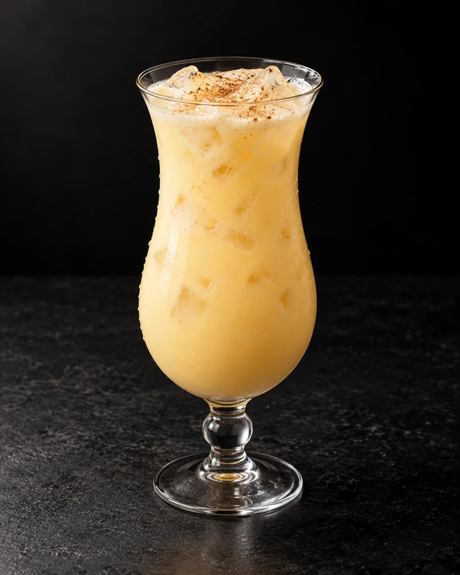 Opaque pale yellow Painkiller over ice in a hurricane glass, lightly dusted with nutmeg.