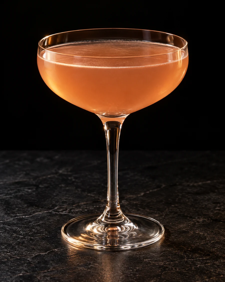 Palm Beach Special in a coupe glass, without ice, ungarnished, against a black background.