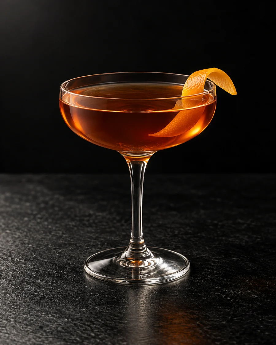 Clear deep amber Palmetto in a coupe with orange twist, no ice.
