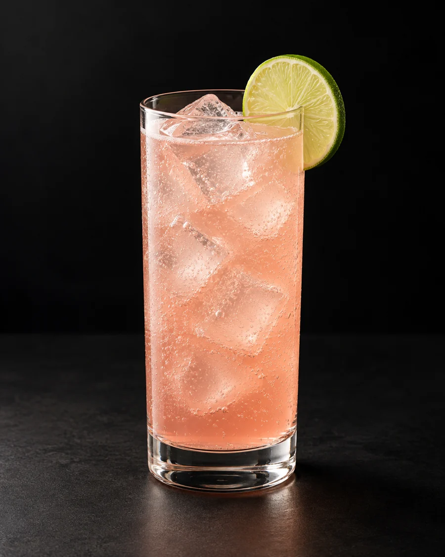 Paloma served in a highball glass with a lime slice against a black background.