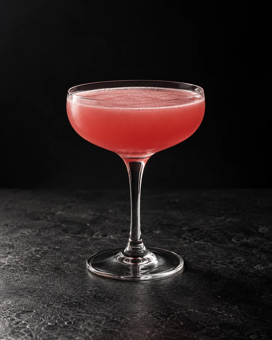 Cloudy pink-red cocktail in a coupe without ice and without garnish.