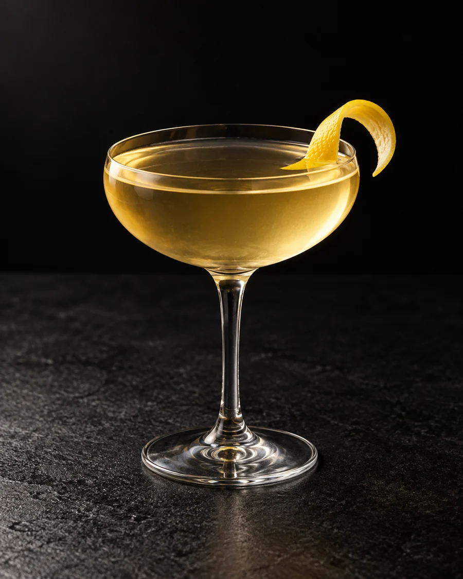 Clear pale golden Panamericano in a coupe with lemon twist, no ice.