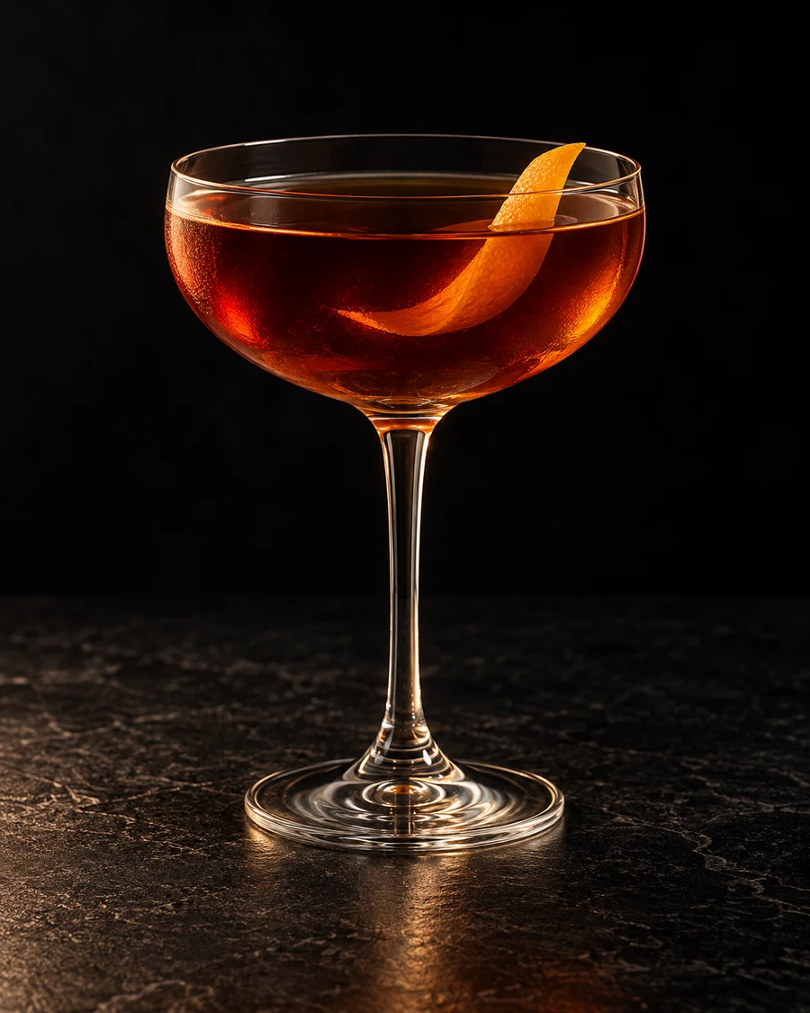 Papa Was A Rodeo in a chilled coupe, served without ice, with orange twist, against a black background.