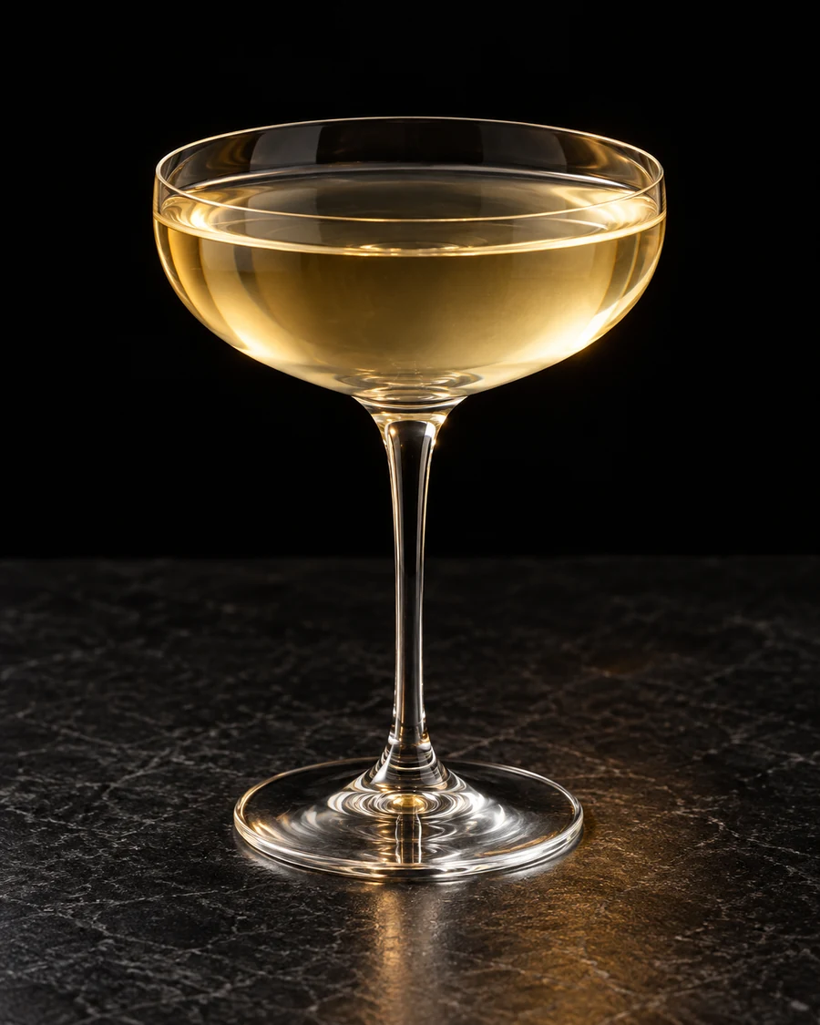 Paring Down in a coupe glass, without ice, ungarnished, against a black background.