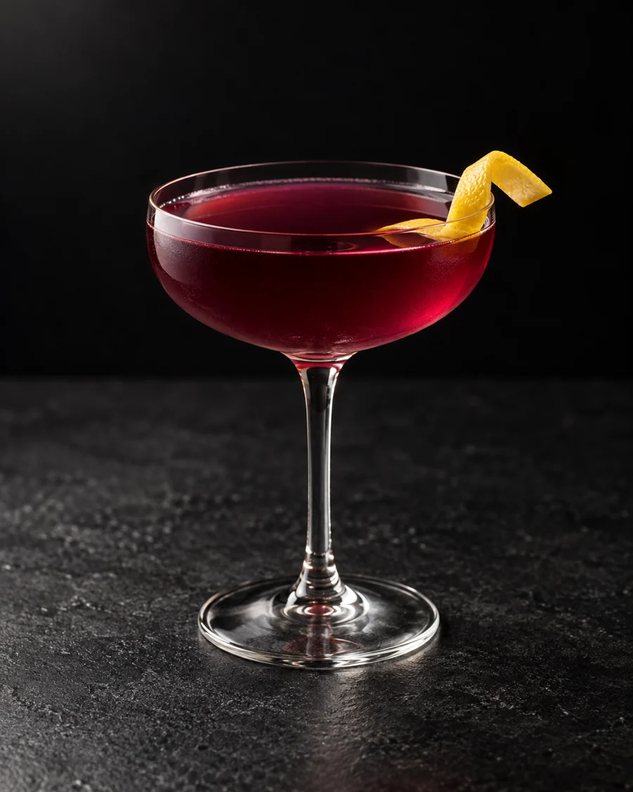 clear ruby-violet Parisian in a coupe with lemon twist, no ice.