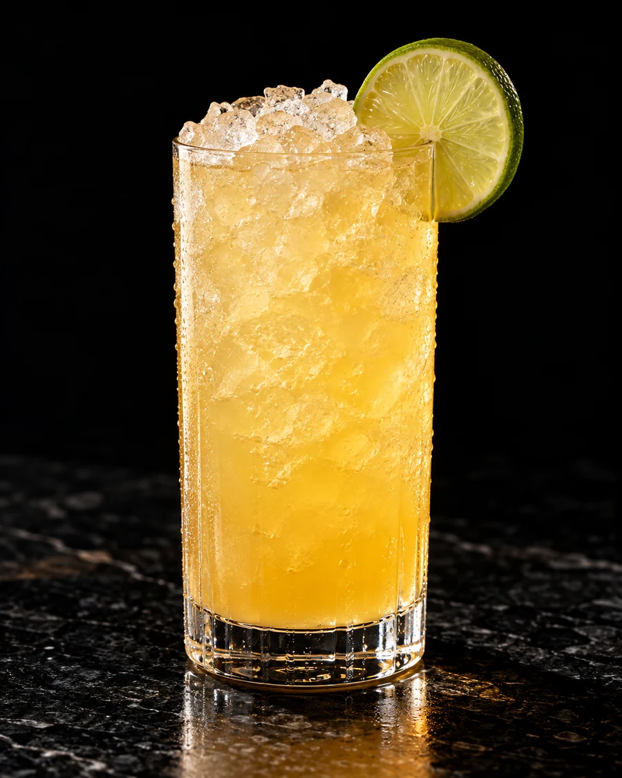 Passion Play. Highball glass with a golden passionfruit-tonic drink, crushed ice and a lime wheel.