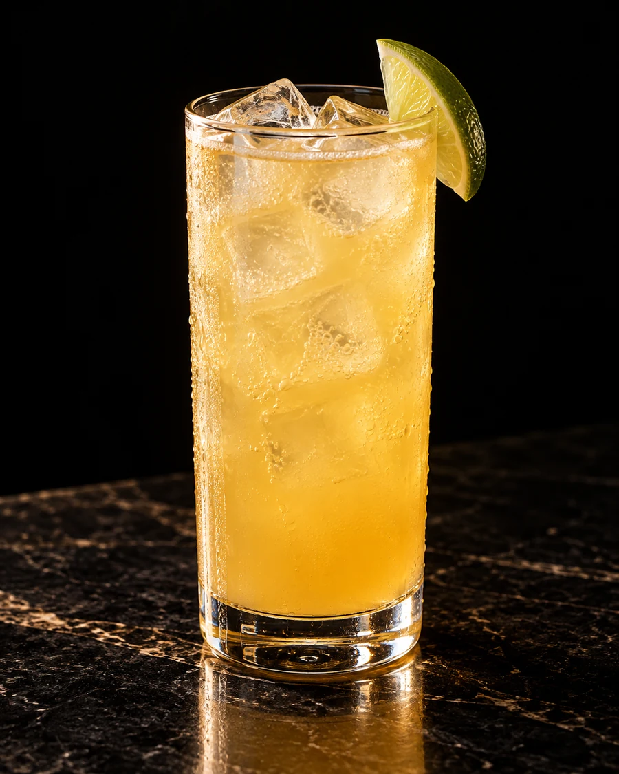 Passionfruit Chilcano. Highball glass with a golden passionfruit-pisco drink, fresh cubed ice, gentle soda bubbles and a lime wedge.
