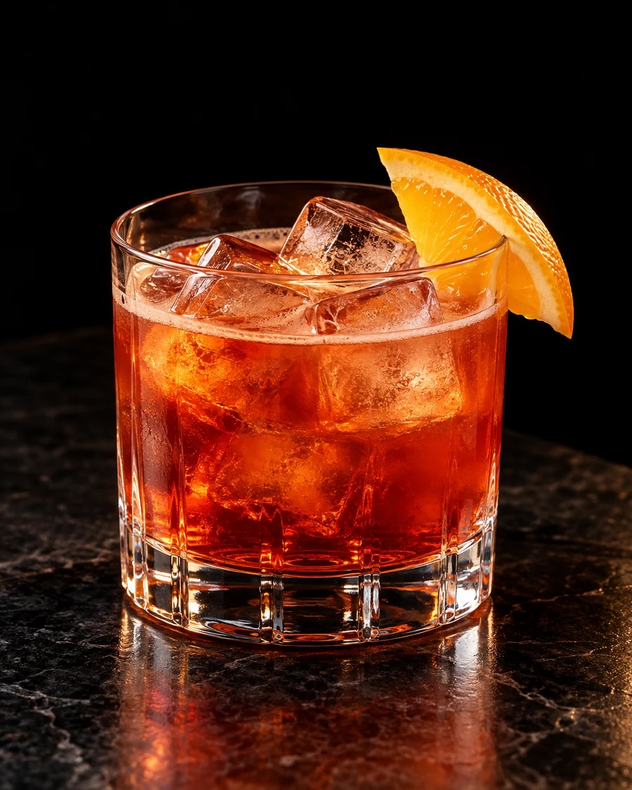 Patio Negroni. Rocks glass with a red-orange rum-Campari drink, several fresh ice cubes and an orange wedge.